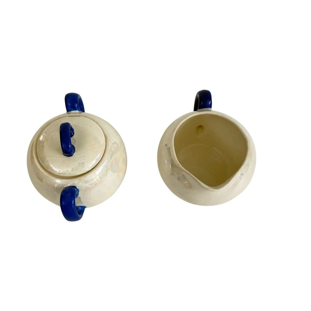 Vintage Czechoslovakia Lusterware Sugar Bowl Creamer Set Cobalt Blue Handles